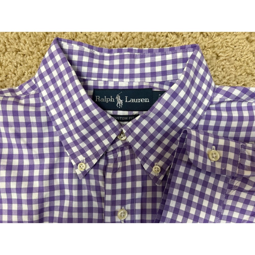 Ralph Lauren Mens Custom Fit Gingham Button Down Shirt Purple White Large Cotton